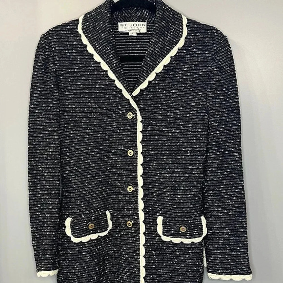 Vintage St. John Collection Jacket Black & White Tweed Boucle Knit Blazer Size 2 - Picture 5 of 12